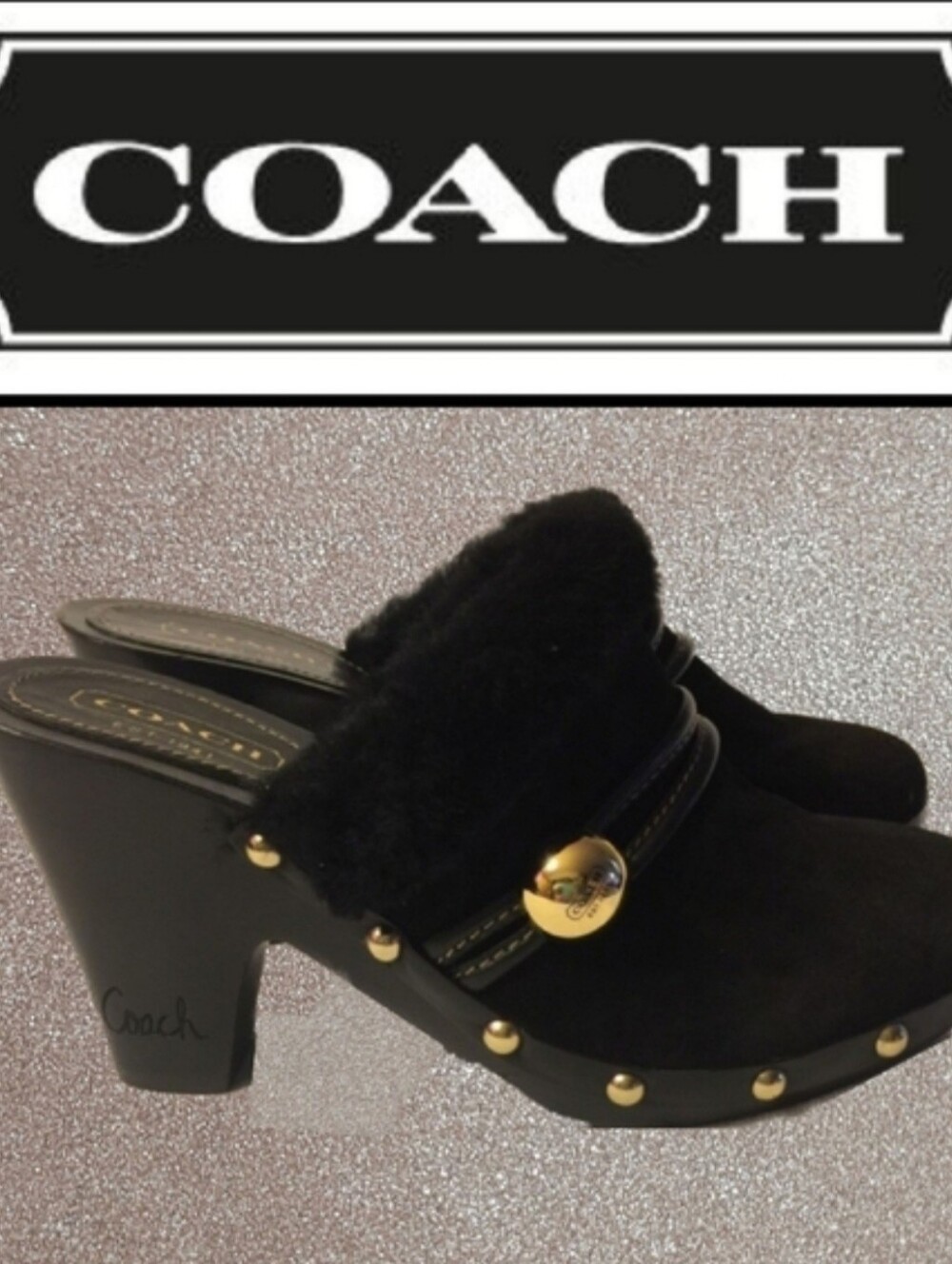Coach Ivanka Suede Fur-Trimmed Clog Mule Heels In Black - Picture 3 of 7